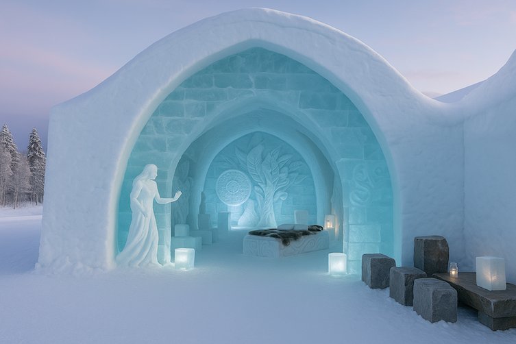 Ishotellet i Jukkasjärvi – skulpturer av is och snö i vinterlandskap